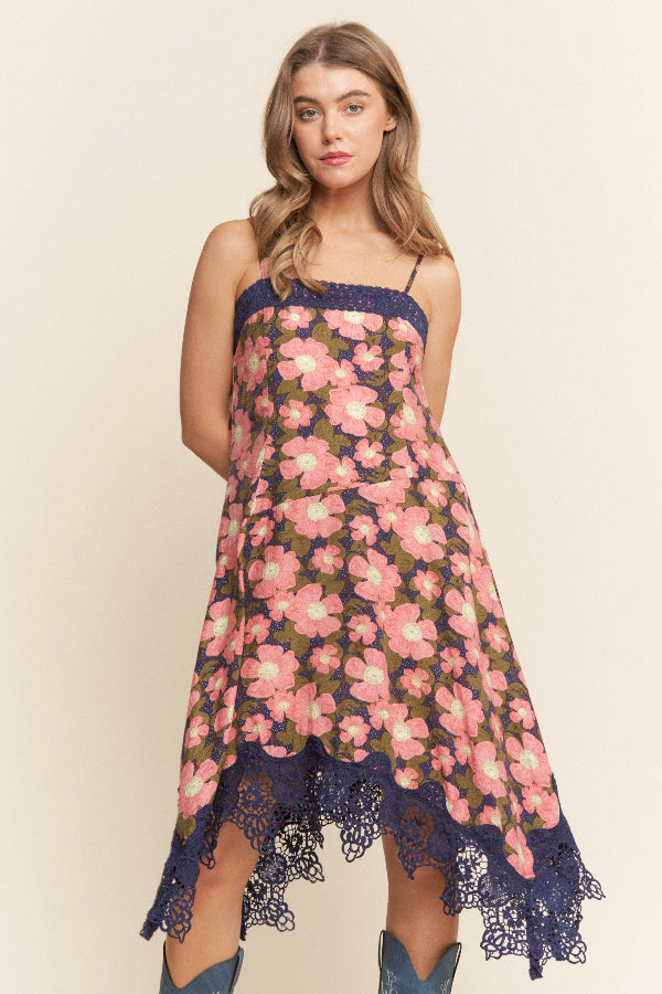 Floral Print Lace Trim Midi Dress