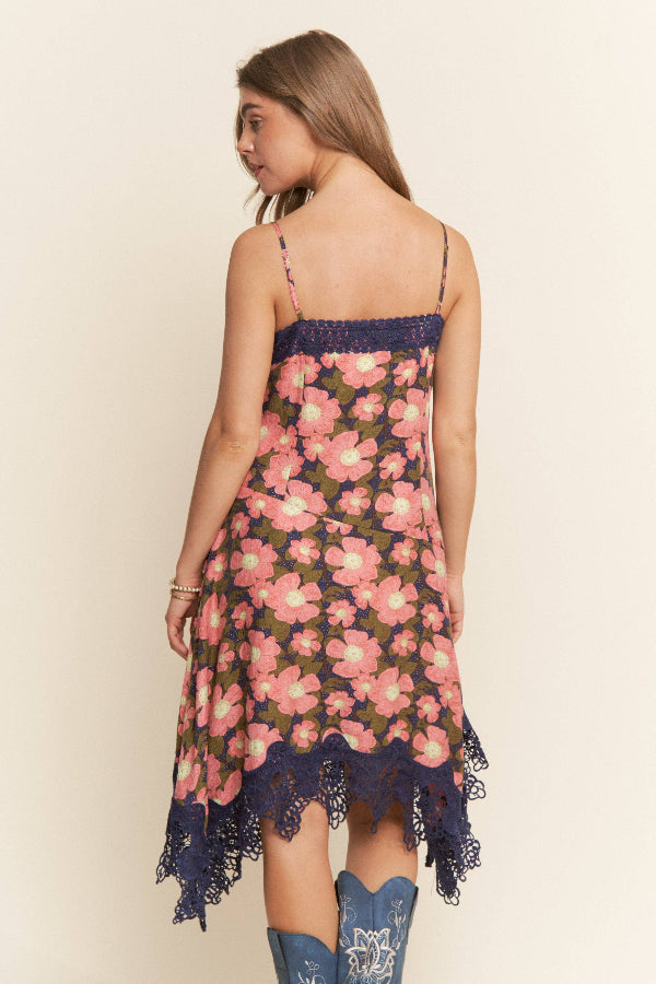 Floral Print Lace Trim Midi Dress
