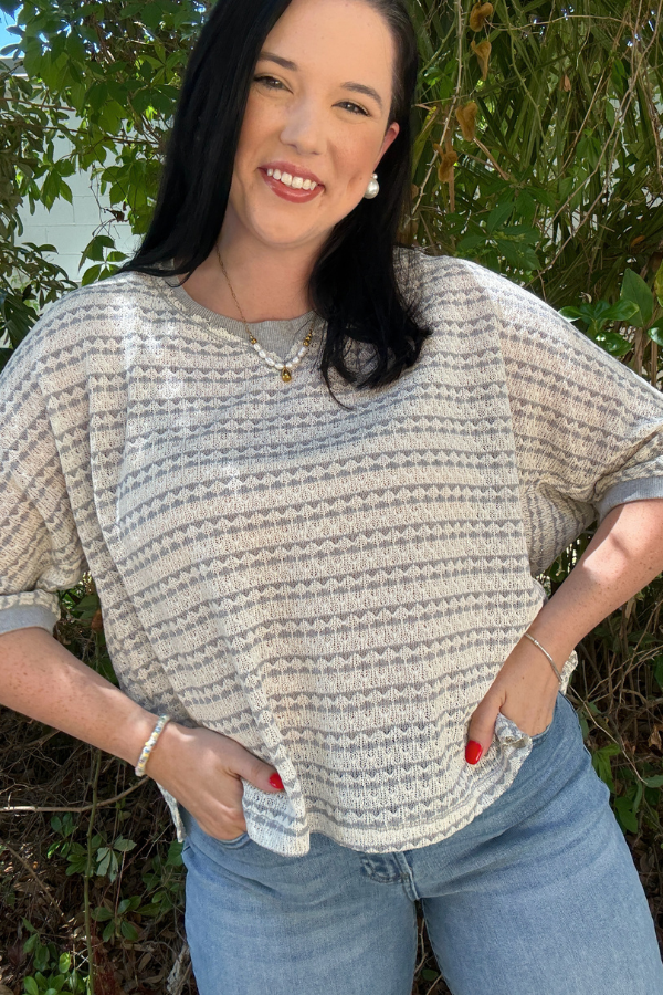 Short Sleeve Textured Stripe Knit Top - Taupe
