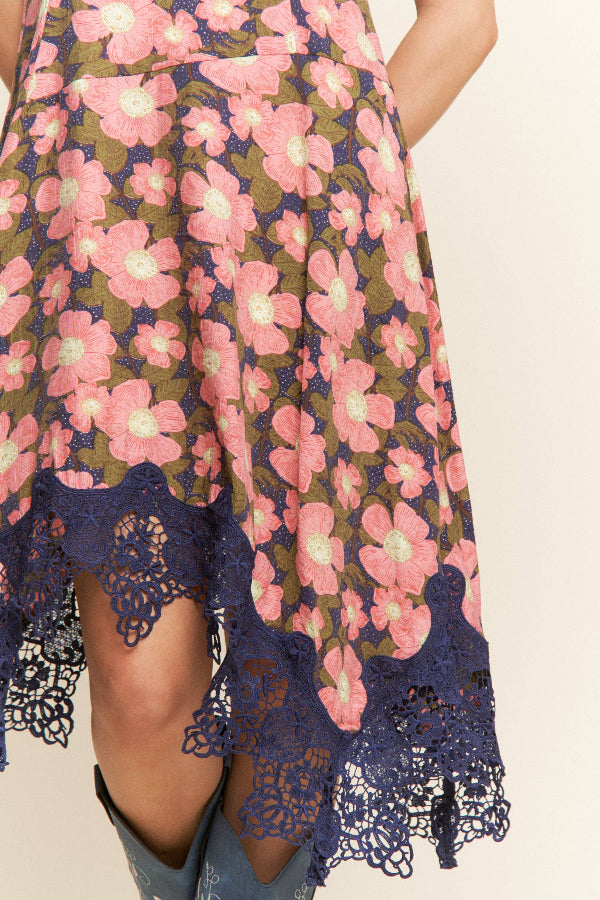 Floral Print Lace Trim Midi Dress