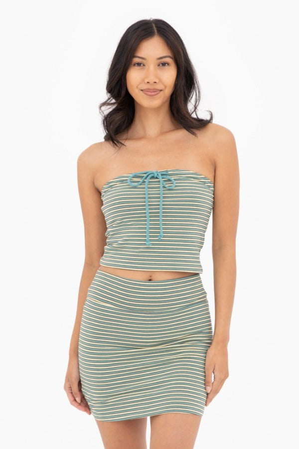 Drawstring Tube Top-Striped
