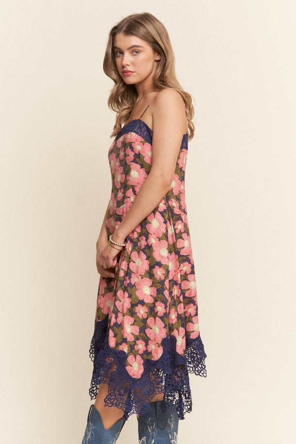 Floral Print Lace Trim Midi Dress