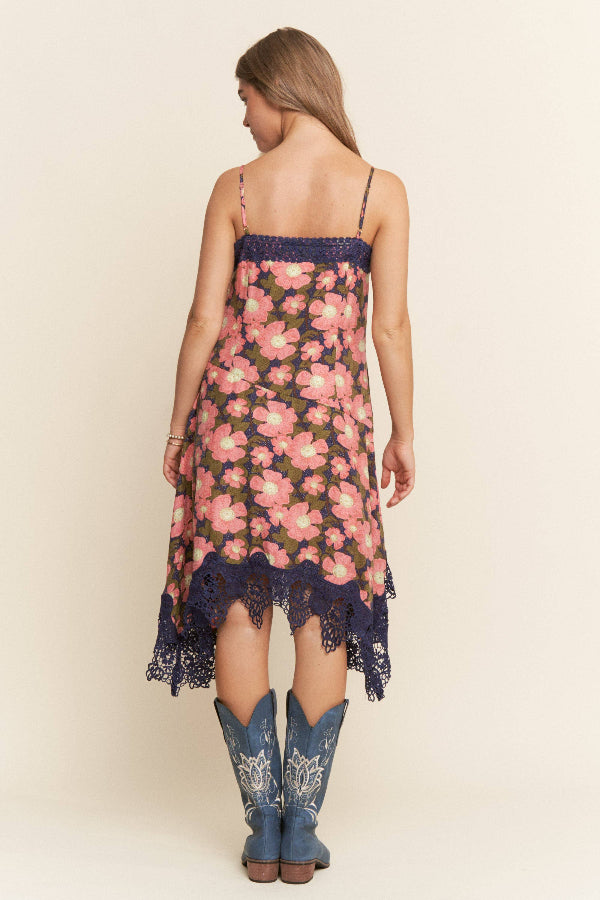 Floral Print Lace Trim Midi Dress