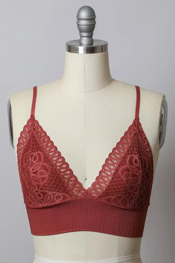 Leto Accessories Tops Burgundy / Small Lace Longline Bralette