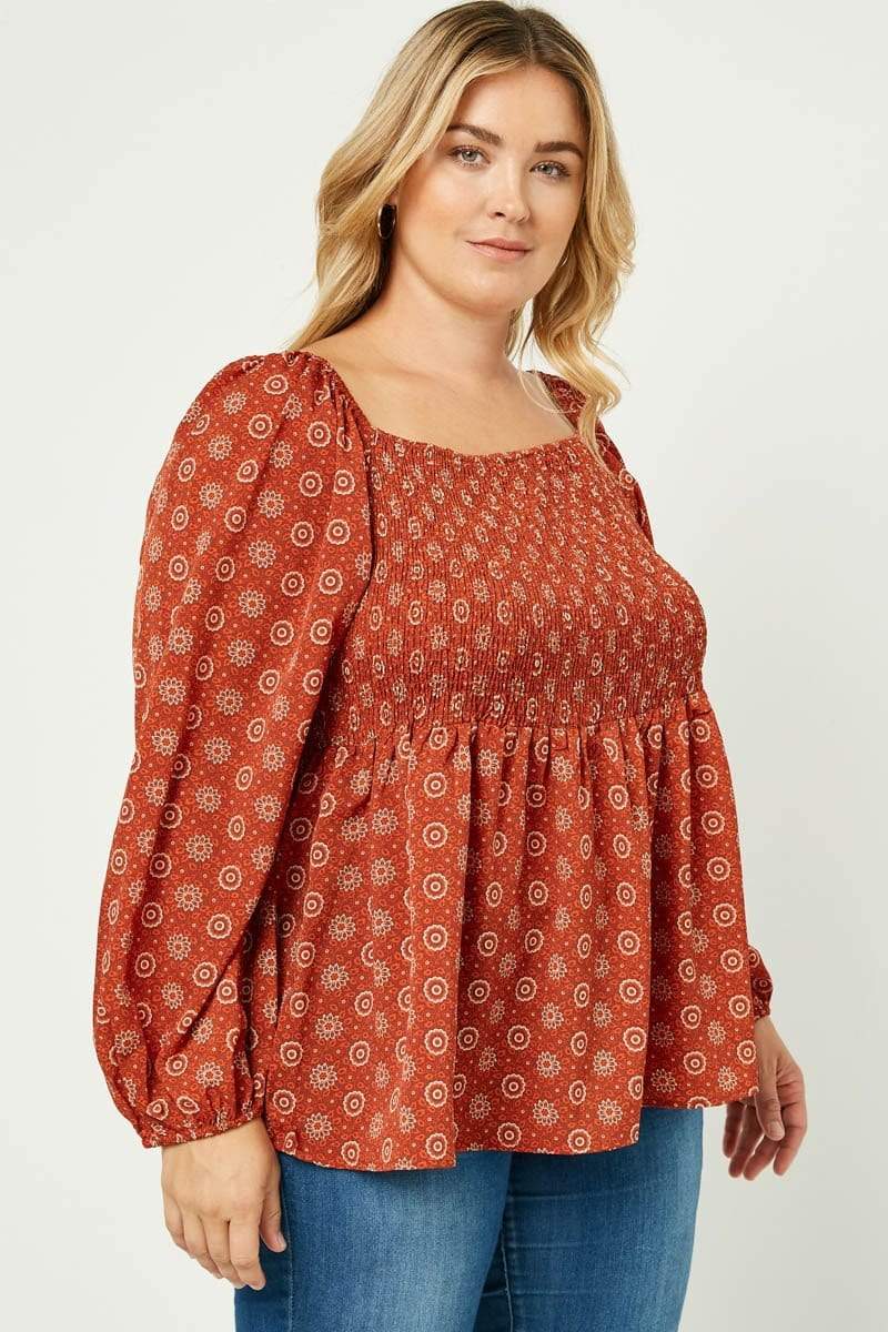 HAYDEN Tops Plus Puff Sleeve Smocked Peplum Top