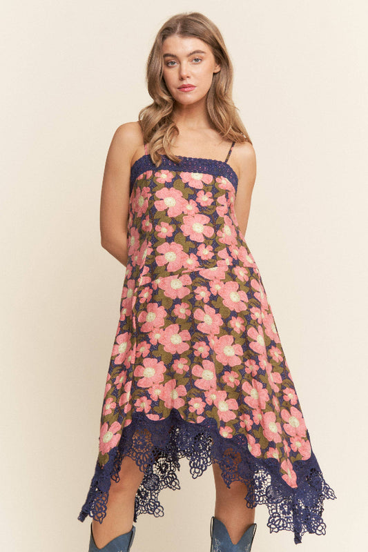 Floral Print Lace Trim Midi Dress
