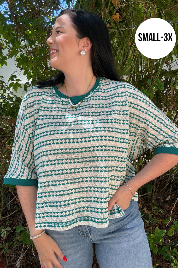 Short Sleeve Textured Stripe Knit Top - Teal