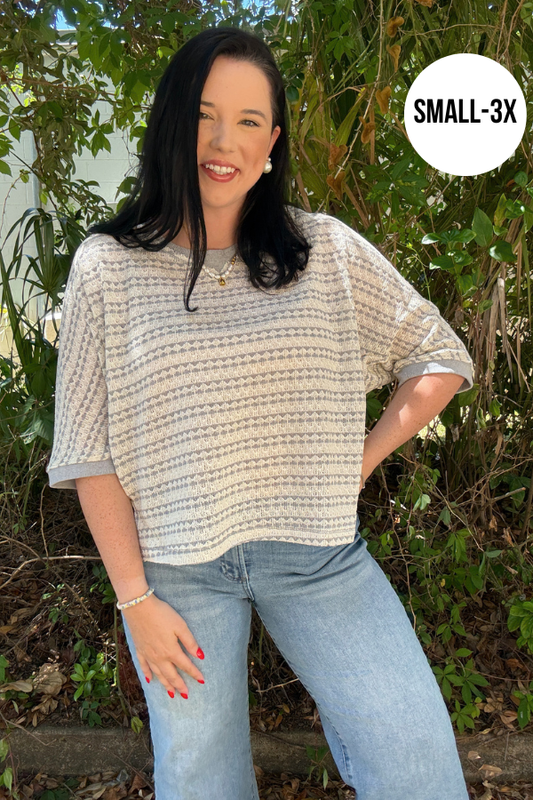 Short Sleeve Textured Stripe Knit Top - Taupe