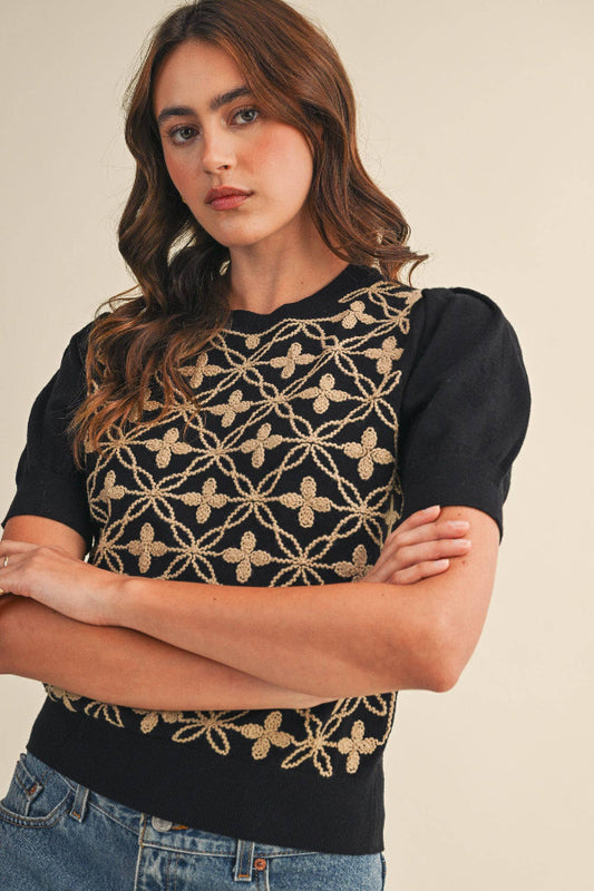 Embroidery Front Knit Top