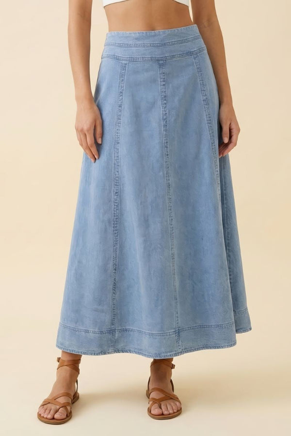 Denim Godet Maxi Skirt