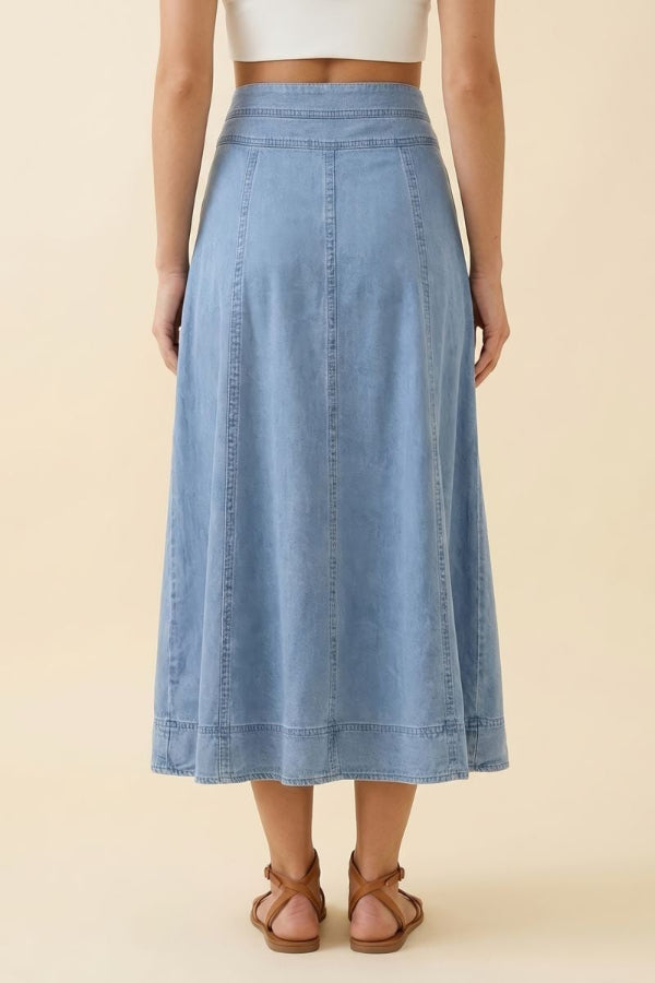 Denim Godet Maxi Skirt