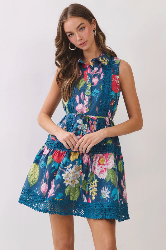 Floral Botanical Print Crochet Trim Mini Dress