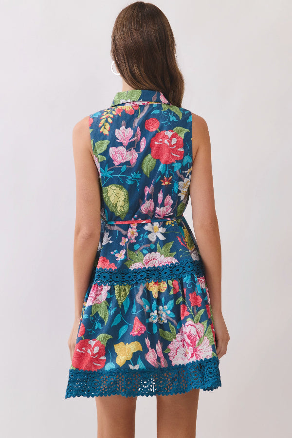 Floral Botanical Print Crochet Trim Mini Dress