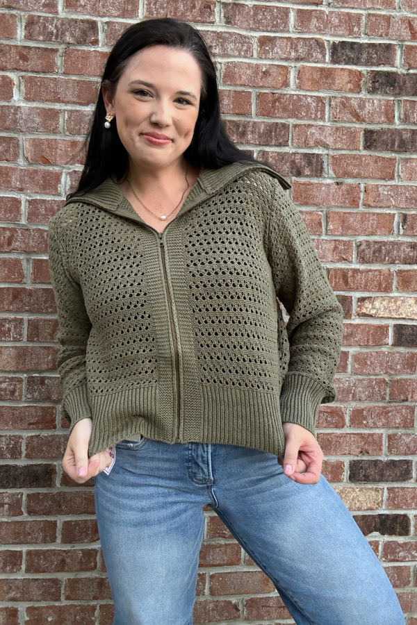 Pointelle Zip Up Cardigan