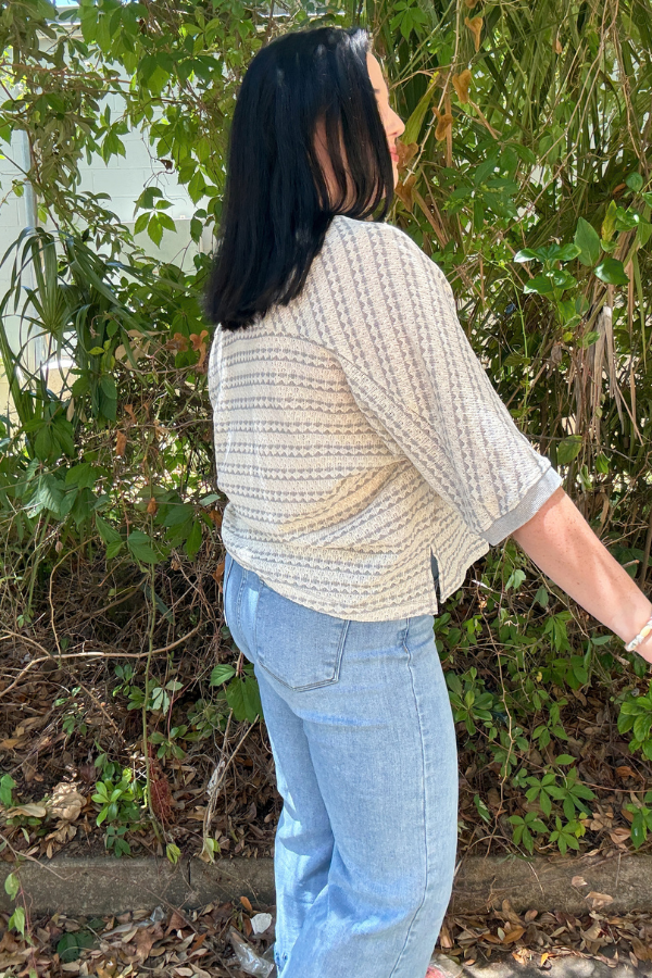 Short Sleeve Textured Stripe Knit Top - Taupe