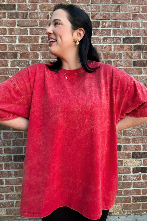 Acid Wash Tee-Red