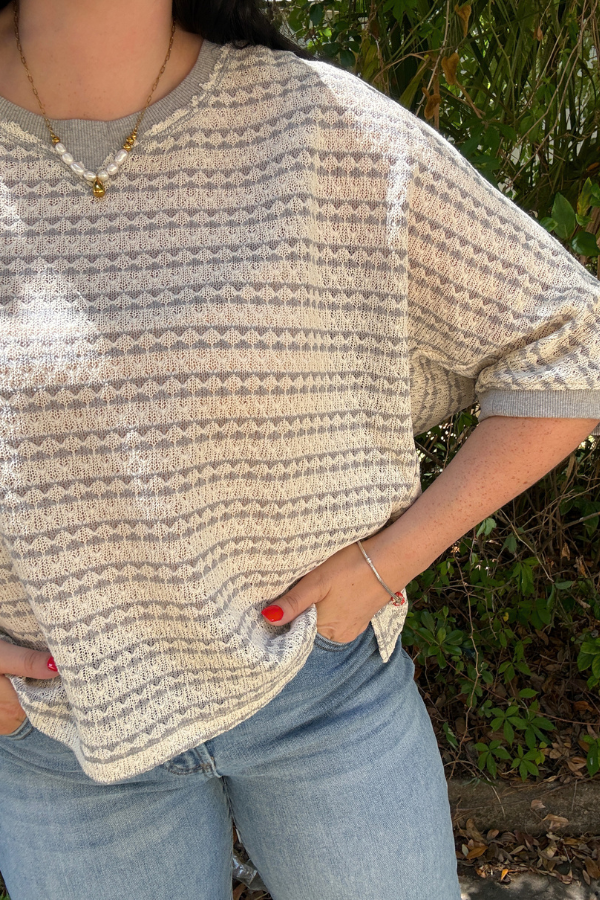 Short Sleeve Textured Stripe Knit Top - Taupe