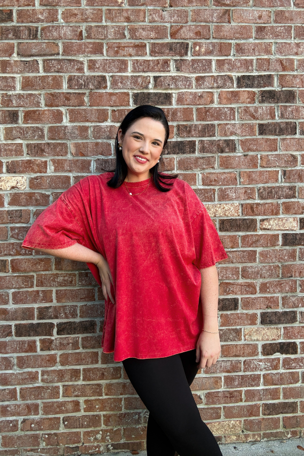 Acid Wash Tee-Red