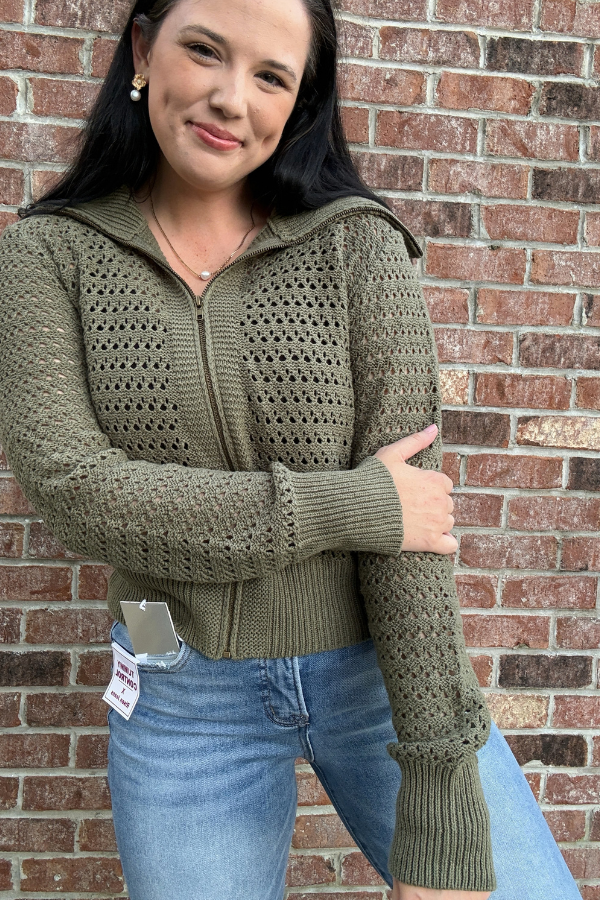 Pointelle Zip Up Cardigan