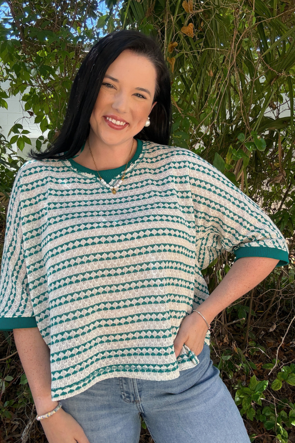 Short Sleeve Textured Stripe Knit Top - Teal