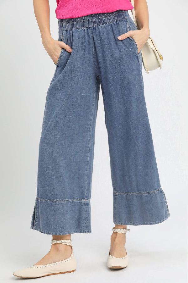 Stone Wash Denim Wide Leg Pants