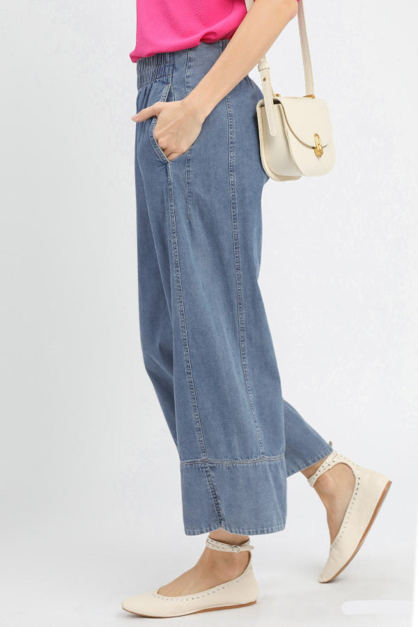 Stone Wash Denim Wide Leg Pants