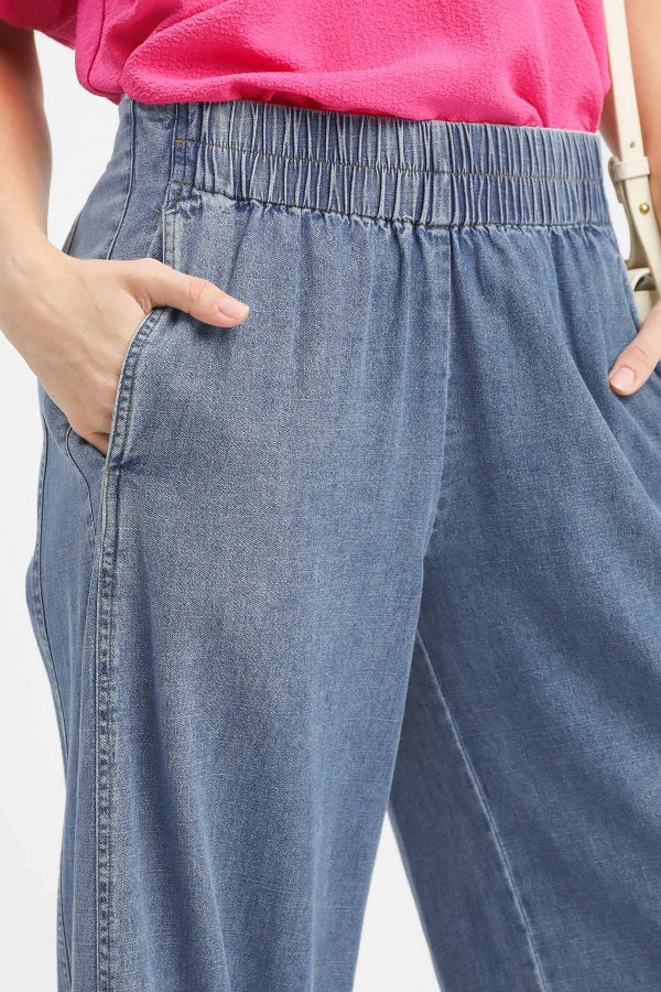 Stone Wash Denim Wide Leg Pants