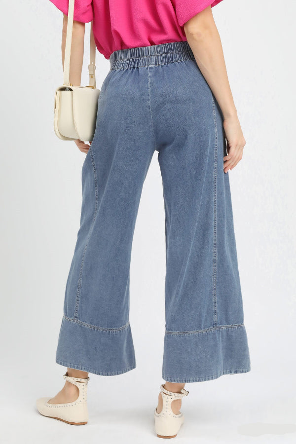 Stone Wash Denim Wide Leg Pants