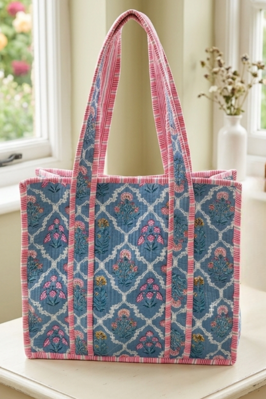 Cottagecore Blue Floral Quilted Tote Bag