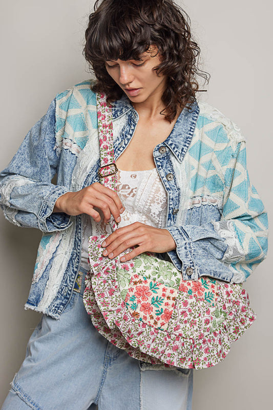 Half Moon Quilted Floral Ruffle Crossbody Bag