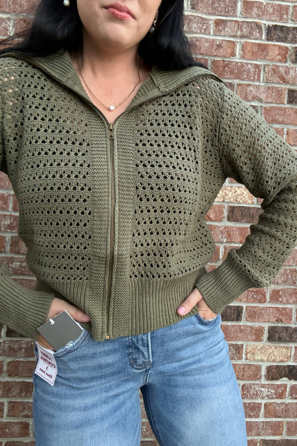 Pointelle Zip Up Cardigan