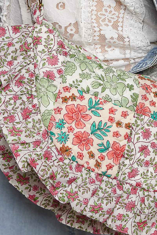 Half Moon Quilted Floral Ruffle Crossbody Bag
