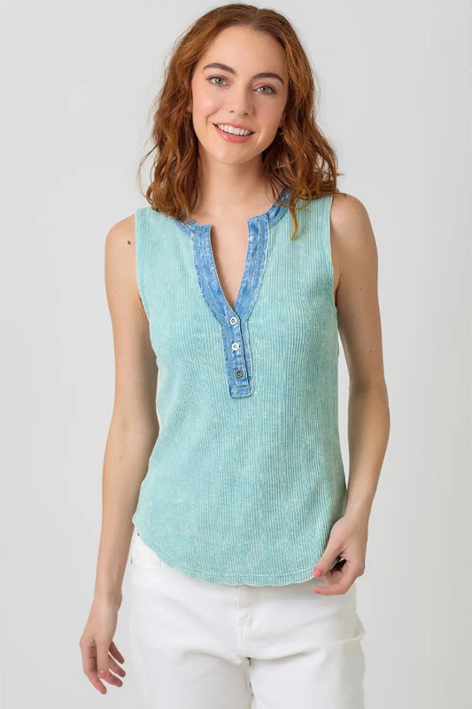Washed Sleeveless Henley Top - Seafoam