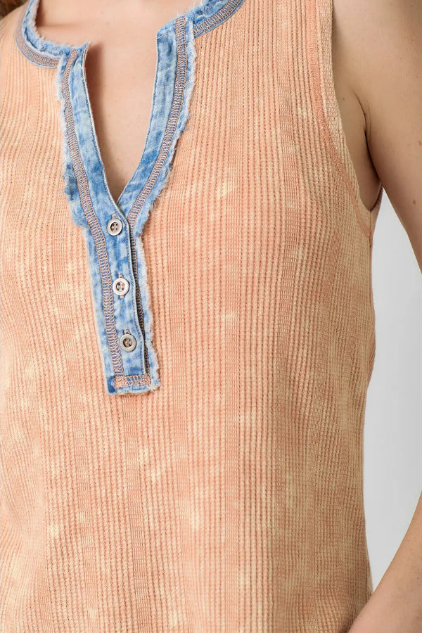 Washed Sleeveless Henley Top - Peach - Shop Ravel