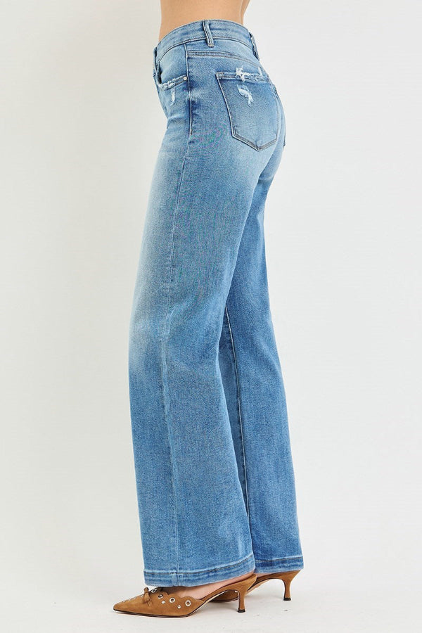 Risen Mid Rise Wide Leg Jeans