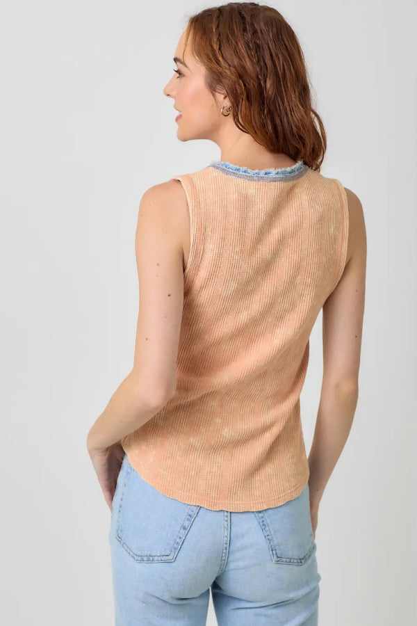 Washed Sleeveless Henley Top - Peach - Shop Ravel