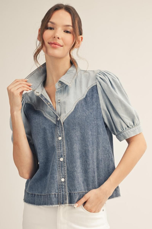 Button Down Washed Denim Top