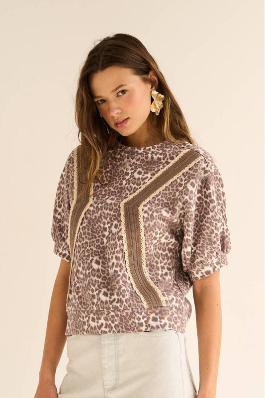 Leopard Puff Sleeve Knit Top