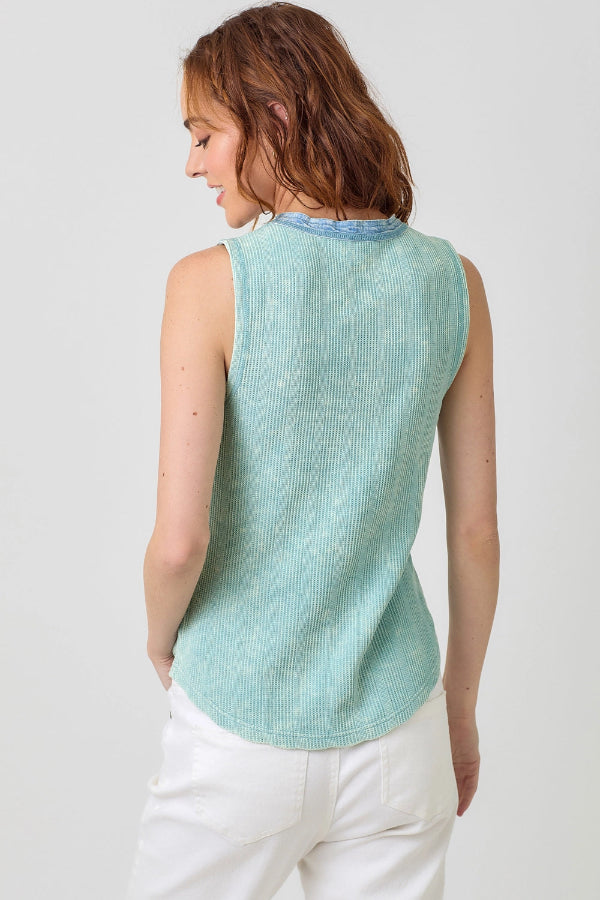 Washed Sleeveless Henley Top - Seafoam