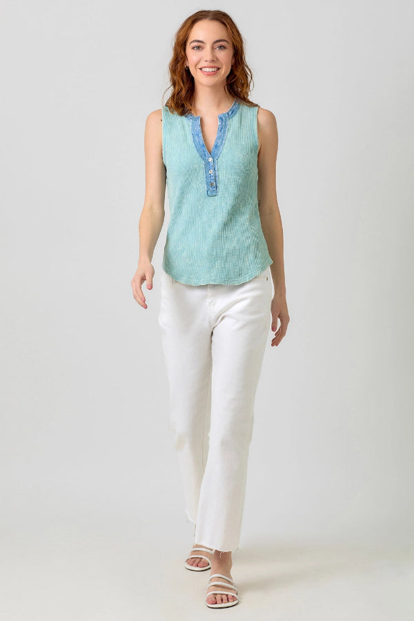Washed Sleeveless Henley Top - Seafoam