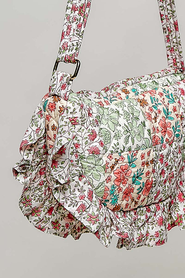 Half Moon Quilted Floral Ruffle Crossbody Bag