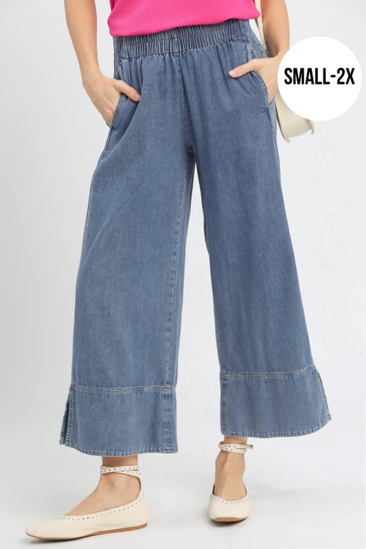 Stone Wash Denim Wide Leg Pants
