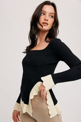 Bluivy Shirts & Tops SIDE SLIT RIBBED SQUARE NECK KNIT