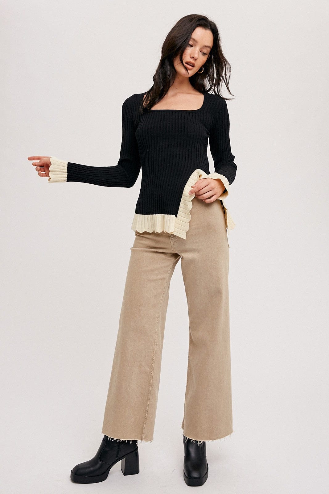 Bluivy Shirts & Tops SIDE SLIT RIBBED SQUARE NECK KNIT