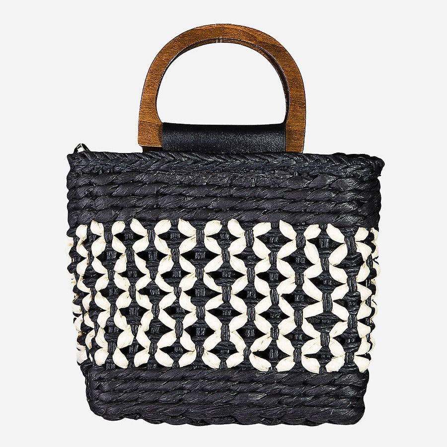 Collections by Fame Accessories Accessories BK Square Basket Weave Wooden Top Handle Bag