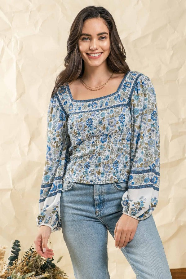 Blu Pepper Shirts & Tops BLUE MULTI BORDER PRINT LONG SLEEVE WOVEN TOP