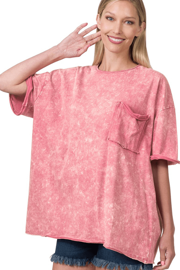 ZENANA Shirts & Tops Pink / Small Pocket Tee